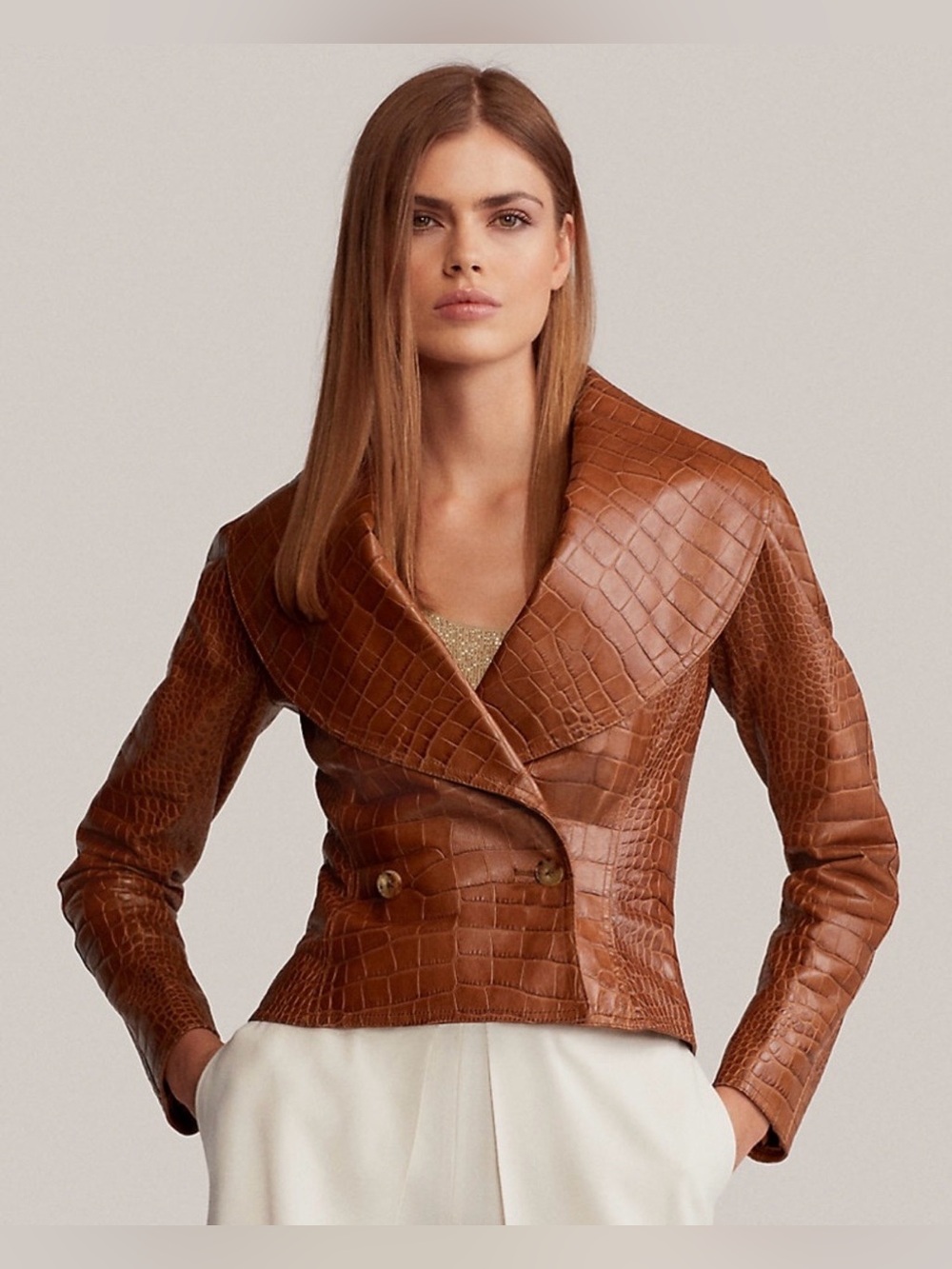 RALPH LAUREN COLLECTION BREANNA CROCODILE LEATHER JACKET IN TOFFEE - Picture 2 of 15